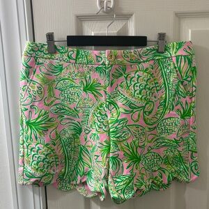 Lilly Pulitzer Vibrant Pink and Green Patterned Scalloped Shorts